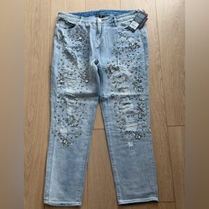 Audrey Slim Boyfriend Jeans 32 Crystal Star Hand Embellished Distressed NWT $369